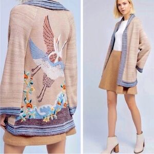 Anthropologie HWR Monogram Embroidered Crane Cardigan is a kimono-style sweater